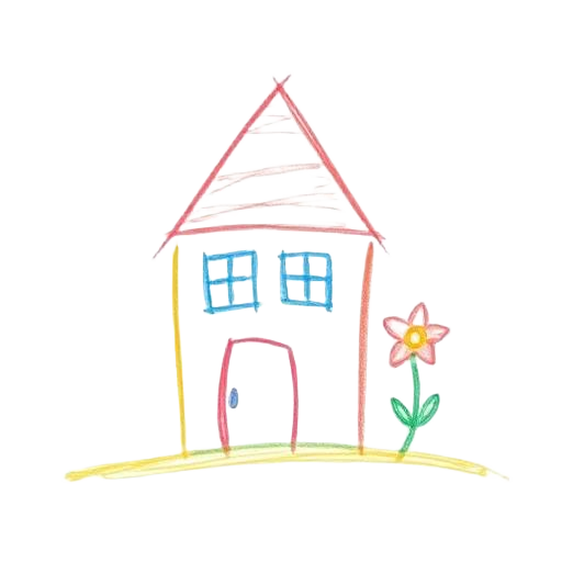 Child's crayon drawing of a house with a flower