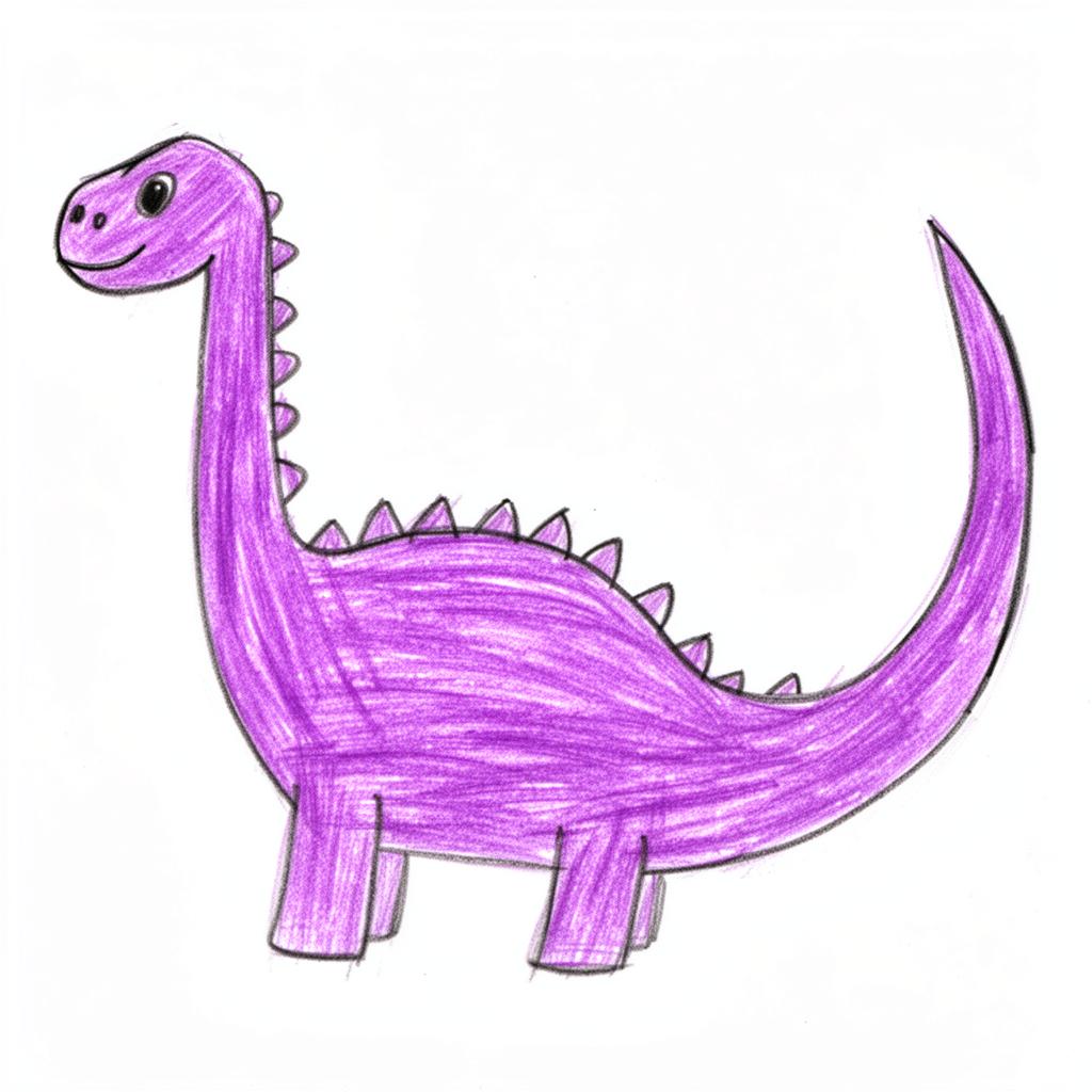 Child's crayon drawing of a purple dinosaur